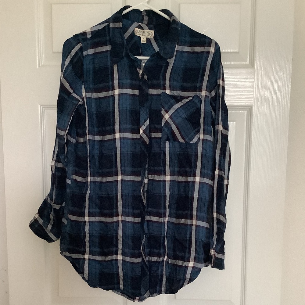 NWT Pink Rose Plaid Tunic Top Teal White Button Down Long Sleeve M